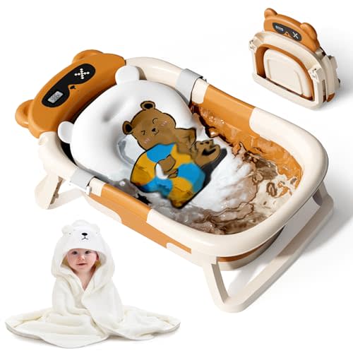Kerbwry Collapsible Baby Bathtub for Newborn to Toddler (0-18 M) - Portable Baby Tub with Thermometer, Newborn Bathtub with Soft Towel and Floating Cushion (Brown)