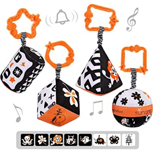 TUMAMA High Contrast Shapes Sets Baby Toys, Black and White Stroller Toy for Car Seat Baby Plush Rattles Rings Hanging Toy for 0 3 6 9 to 12 Months, Newborn,Toddlers,Infants (4 Packs)
