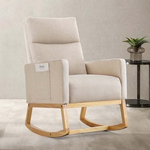 SAETSFEG Rocking Chair Nursery, Comfortable Upholstered Glider Rocker Chairs Indoor for Adults, Mid-Century Modern Nursing Accent Rockers for Living Room, Bedroom, Beige