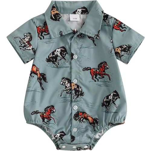 Kayotuas Western Baby Boy Clothes Cowboy Shirt Romper Long/Short Sleeve Button Down Dress Bodysuit Infant Gentleman Outfits