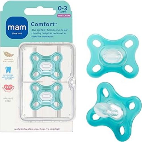 MAM Comfort Baby Pacifiers, Lightweight One-Piece Full Silicone Binky for Newborns 0-3 Months, BPA-Free Nipple, Easy to Clean Pacifier, Best for Breastfed Babies, with Sterilizer Case, 2 Count Binkies
