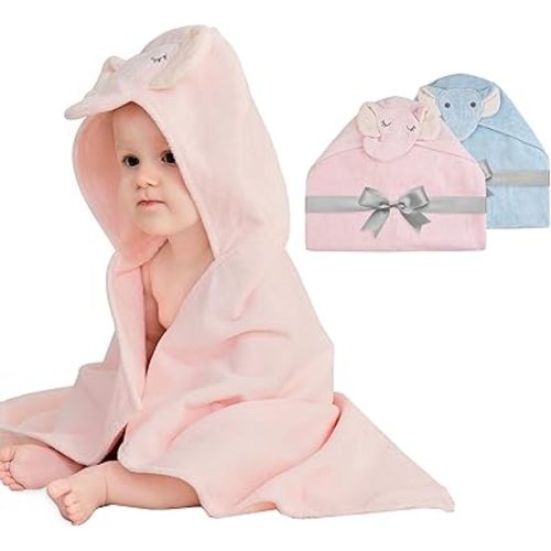 Mooreeke 2 Pack Baby Hooded Towel with Unique Animal Design Cotton Bath Towel for Babies Ultra Soft Absorbent Baby Washcloths for Newborn Essentials (Duck & Elephant)