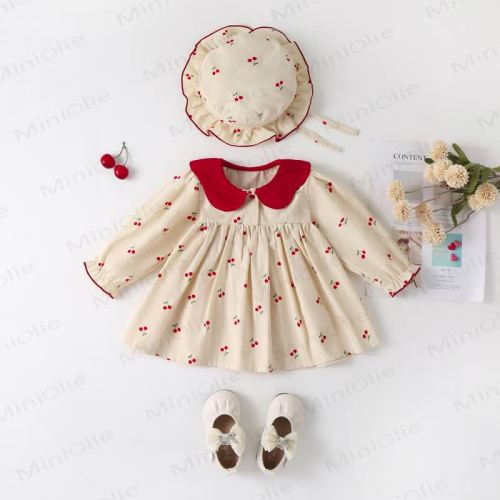 Baby Beige Cherry Dress with Hat
