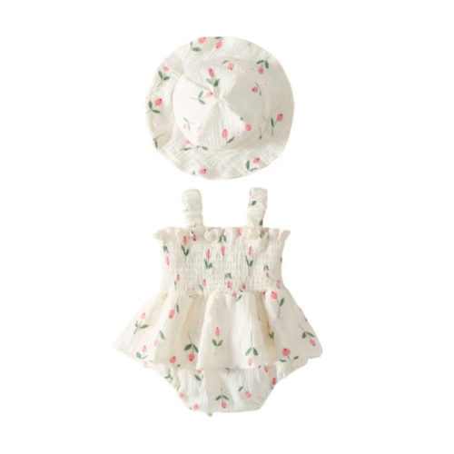 TULIP Smocked Romper with Sun Hat - Hazel & Bo