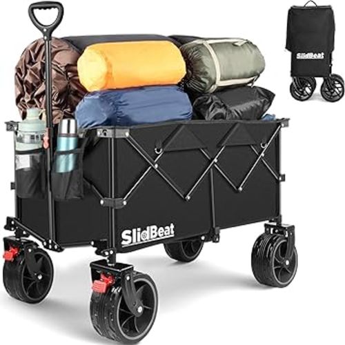 Beach Wagon with Big Wheels for Sand - Collapsible Folding Wagon - Wagons Carts Heavy Duty with 220lbs Weight Capacity - Camping Garden Cart with Drink Holders