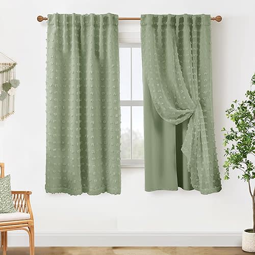 63 Inch Length Blackout Curtains for Bedroom,Boho Pom Pom Black Out Sage Green Room Darkening Back Tab Double Layer Curtains for Girls Room Nursery 63 Inch Long 2 Panels Set