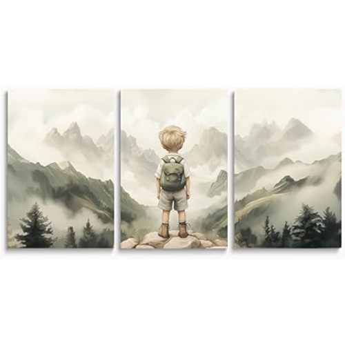 3-Piece Adventure Boy Nursery Wall Art | Mountain & Woodland Canvas Decor for Toddler Room, Adventure Kids Room Nursery Wall Decor, Framed Canvas Set, 12"x16"