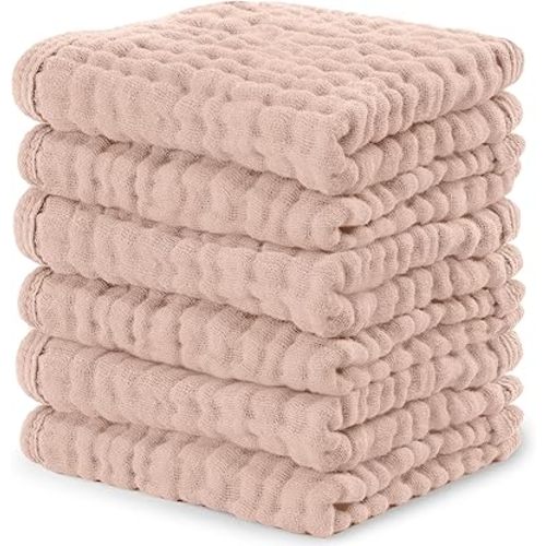 Comfy Cubs Muslin Baby Washcloths 6 Pack - Soft 6-Layer Cotton Wash Cloths for Sensitive Skin - 25 x 25 cm Large, Gentle, Absorbent Infant Essentials for Newborn and Toddlers - Blush