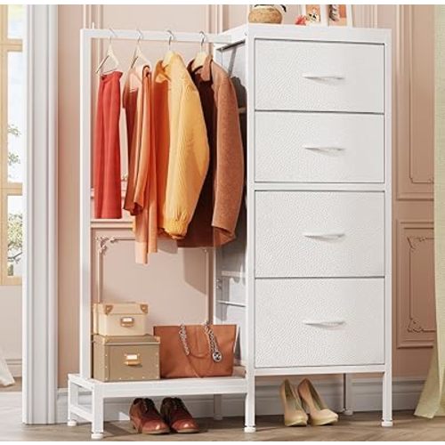 Dresser with Hanging Rack, 4 Drawers Small Closet for Bedroom, Reversible Fabric Kids Chest of Drawers with Clothes Rack, Tall Storage Tower, Sturdy Frame, White, 44''H