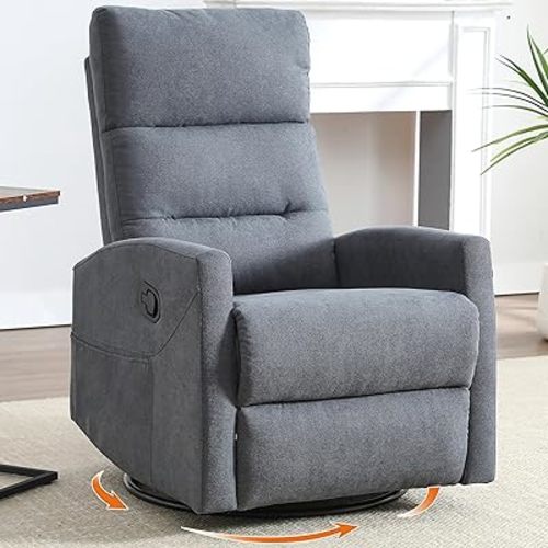 Luxlen Recliner Chair, Fabric Swivel Glider Recliner Chair, Max Swivel Degree 360°, Heavy Duty Motion Mechanism with Side Pockets, Grey