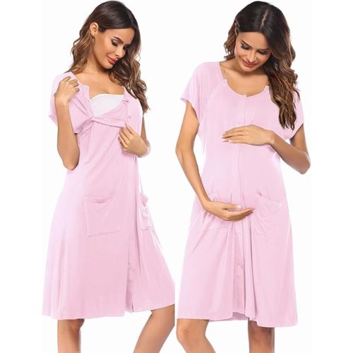 Ekouaer 3 in 1 Labor/Delivery/Hospital Gown Nursing Dress Maternity Nightgown Sleepwear for Breastfeeding with Button S-XXL