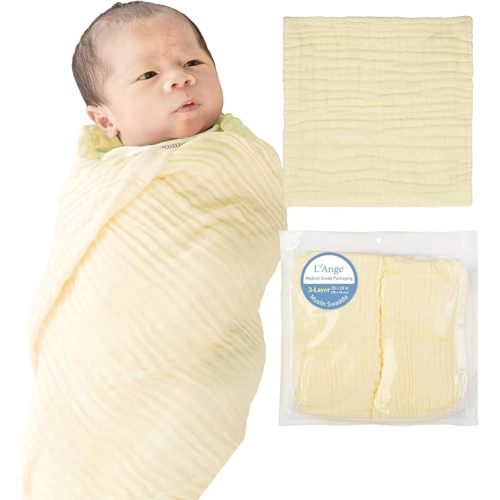 L'Ange Baby Muslin Swaddle Blanket - 3 Layer Breathable Cotton Receiving Blankets - Medical Grade Packaging for Newborn and Infant - 2 Pack - 35x35 - Yellow