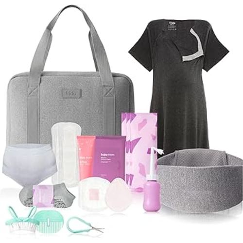 Frida Mom 30pc Pre-Packed Hosptial & Baby Essentials Travel Bag, Includes C-Section Delivery & Recovery Must Haves, & Newborn Grooming Kit, Easy to Organize, Removable Toiletry Bags & Suitcase Strap