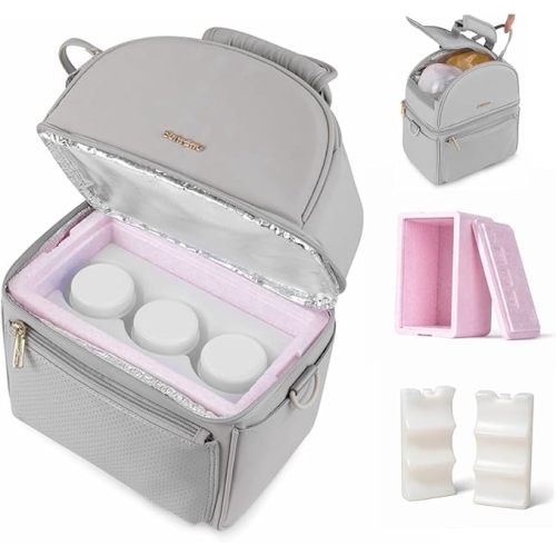 SUNVENO Breast Milk Cooler Bag with Detachable Insulation Box, Double-Layer Pumping Travel Bag for Work & Daycare, Fits Bottles, Ice Packs and Pump Parts,Grey