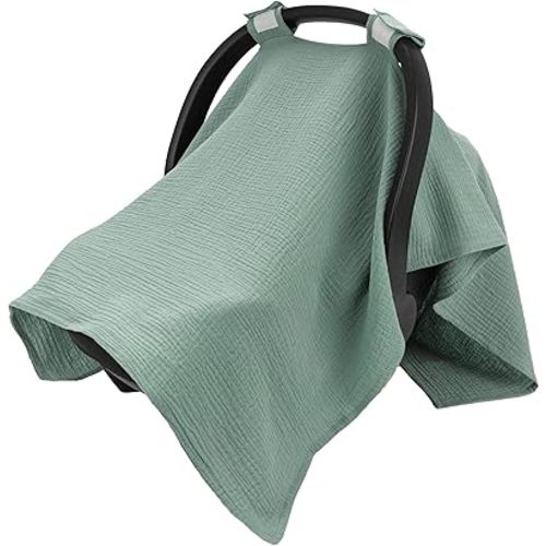 SERAPHY 100% Muslin Cotton Car Seat Cover Baby, Universal Carseat Covers, Breathable Baby Car Seat Canopy for Boys Girls, Soft Infant Car Seat Cover for Summer —Green