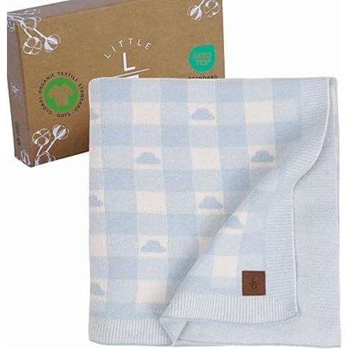Gender-Neutral Checkered Baby Blanket 30x40 Inches, Blue Cloud – 100% Organic GOTS Certified Cotton, Soft and Lightweight, Cloud Pattern Design, Perfect for Swaddling