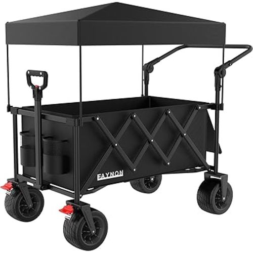 2 in 1 Collapsible Wagon with 300lbs Weight Capacity,150L Heavy Duty Utility Cart with Removable Canopy,with Big All-Terrain Beach Wheels & Drink Holders,Black