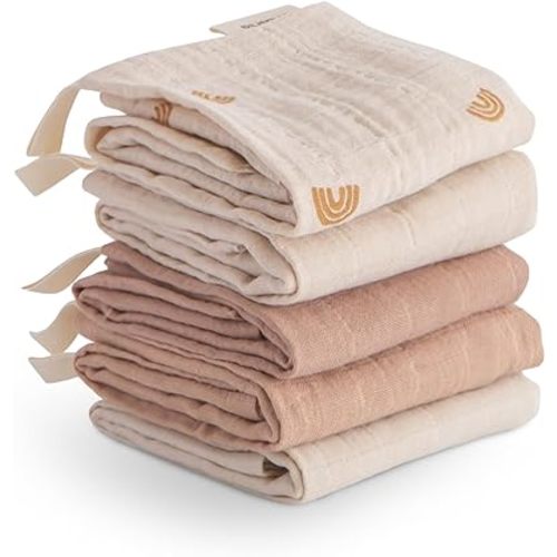 mushie Muslin Organic Cotton Washcloths 5-Pack (Rainbow Combo) | Soft Wipes for Baby Cleanups and Bathing