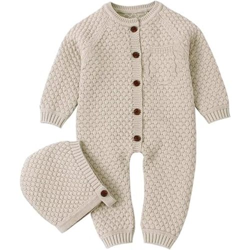 mimixiong Cotton Baby Romper Newborn Baby Knitted Clothes Longsleeve Sweater Outfit for Boy and Girls with Warm Hat Set