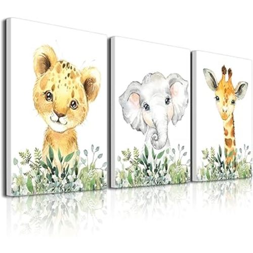 Baby Safari Nursery Wall Decor - Set of 3 Pictures Cute Animal Wall Prints on Canvas Jungle Nursery Safari Decor gifts for Baby Boys and Girls Room, Framed Wall Art (12 x16inch)