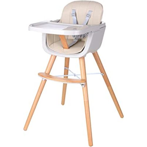 Foho Baby High Chair, Perfect 3 in 1 Convertible Wooden High Chair with Cushion, Removable Tray, and Adjustable Legs for Baby & Toddler (Beige)