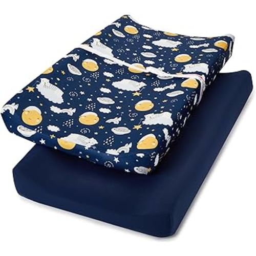 TILLYOU Changing Pad Cover Set in Soft Jersey Material - Fits 32"/34''x16 Contoured Pad for Babies, Starry Adventure and Dark Blue
