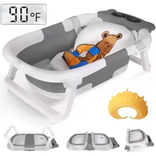 TOPCHANCES Foldable Baby Bathtub for Infants to Toddler, Portable Travel Bathtub with Thermometer & Bath Cushion & Bath Cap, Baby Bathtub for Newborn 0-36 Month (Grey)