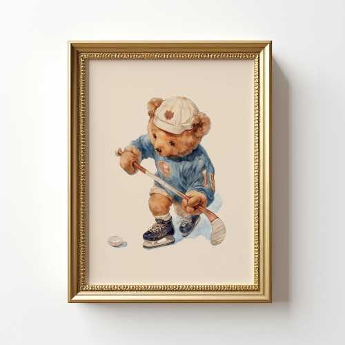 Vintage Teddy Bear Ice Hockey Wall Art, Watercolor  Illustration of Bear in Hockey Gear, Retro Decor for Kids Room, Nursery, or Sports Fans