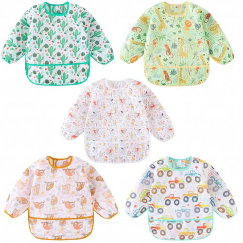 HaimoBurg 5 Pcs Mess Proof Baby Bib, Waterproof Sleeved Bib Outfit, Baby Smock for Eating for 5-30 Months