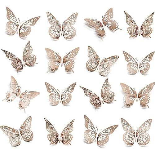 3D Butterfly Wall Decor 48 Pcs 4 Styles 3 Sizes, for Birthday Decorations Party Decorations, Removable Wall Stickers Interior Decoracions Kids Nursery Classroom Wedding Decor (Rose Gold)