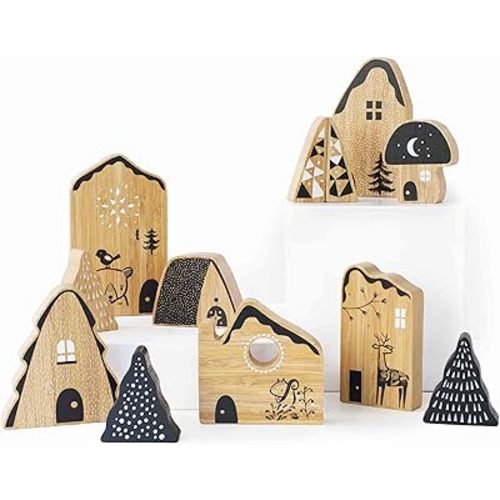 Wee Gallery Woodland Village - Whimsical House and Tree Shaped Bamboo Wooden Blocks, Toddler, Preschool Age Kids - Decorative Block Toy Early Development and Creative Play, and Seasonal Decor