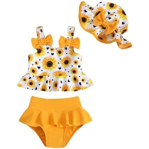 Mioglrie Baby Infant Swimsuit Girl Toddler Bathing Suit Girl Summer Beach Bikini Tankini Swimwear Hat 3-24 Months 2t-5t