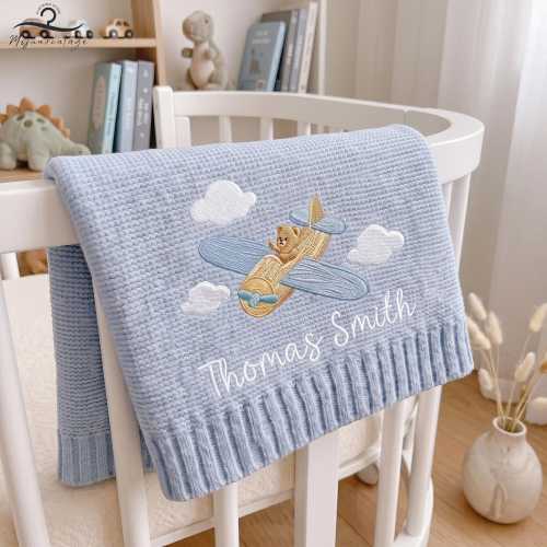Embroidered Bear Pilot Baby Blanket, Custom Baby Name Blanket, Teddy Bear Airplane Gifts, Aviator Newborn Blanket, Little Pilot Baby Blanket