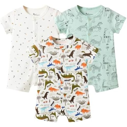 Baby Boy 3-Pack 100% Cotton Short Sleeve Rompers-Breathable One-Piece Jumpsuits with Animal Themes for Spring/Summer