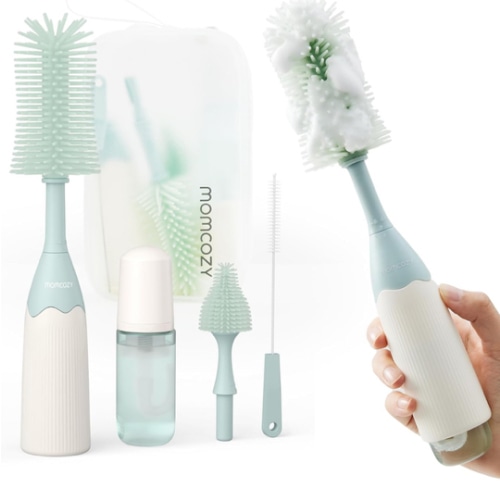 Momcozy Bottle Brush Kit, Innovative Push-Press Design for Better Cleaning - Baby Bottle Cleaner Brush for Baby Bottle, Breast Pumps, Nipples, and More - Can Generate Foam for Better Cleaning, Green