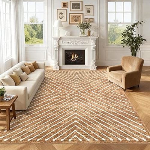 Washable Area Rug 8x10 – Modern Geometric Low Pile Rug with Non-Slip Backing, Soft Neutral Carpet for Living Room, Bedroom, Dining Room & Home Office Brown