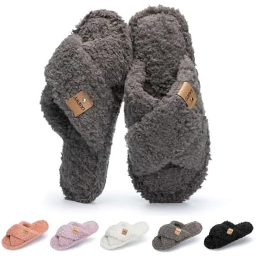 Fuzzy Open Toe Slippers for Women Indoor and Outdoor with Memory Foam Cozy Cross Band Women's Slipper Cute Soft House Shoes Slip On Gifts for Womens Mom Her Ladies Bridesmaid