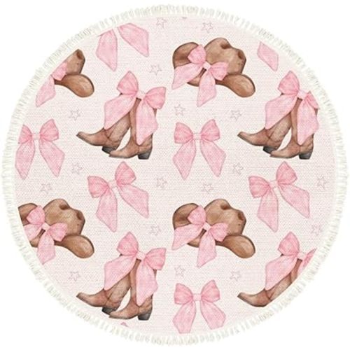 Pink Bow Rug Round Rugs Coquette Cowgirl Hat Boots Pink Bow Seamless Pattern Boho Area Rug Linen and Cotton Carpet Meditation Rug Washable Hallway Runner Mat Accent Rug for Bedroom Nursery 3ft