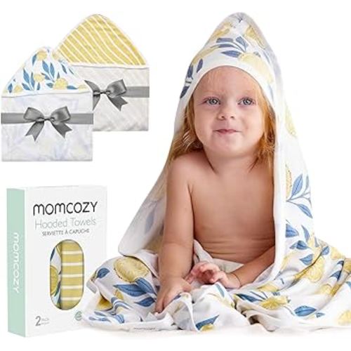 Momcozy Hooded Baby Towel, 2 Pack Baby Bath Towel Set with Large 35 X 35 Inch, Super Soft Cotton and Hooded Towel for Newborn, Toddler and Kid, Lemon Leaves