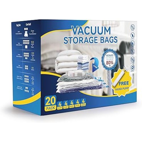 20 Pack Vacuum Storage Bags (4 Jumbo/4 Large/4 Medium/4 Small/4 Roll M) Space Saver Bags, Vacuum Seal Bags with Hand Pump for Comforters, Blankets, Bedding, Pillows and Clothes