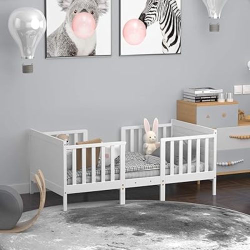 Costzon Toddler Bed Frame, 2 in 1 Convertible Wood Kids Bed w/Double Side Safety Guardrails & Footboard for Extra Safety, Toddler Floor Bed Fits Full Size Crib Mattress (White)