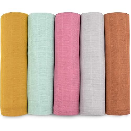 Bublo Baby Muslin Swaddle Blankets, Swaddle Blanket for Baby Boys and Girls, 5-Pack Breathable Premium 100% Cotton Baby Receiving Blankets, Exta Large Size 47x47 Inches, Solid