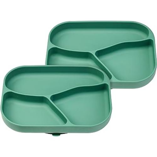 NumNum Silicone Toddler Suction Plates for Baby - 100% Food Grade Divided Plate w/Easy Release Tab, BPA Free & Dishwasher Safe - Non-Slip Dishes for High Top, Dining Table - 2 Pack, 2 Green