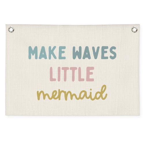 MOFUYU Mermaid Girls Room Decor, Ocean Room Decor Kids Wall Banner, Make Waves Little Mermaid Wall Hanging Banner Decor for Baby Nursery Little Girls Playroom Bedroom Bathroom 20x30