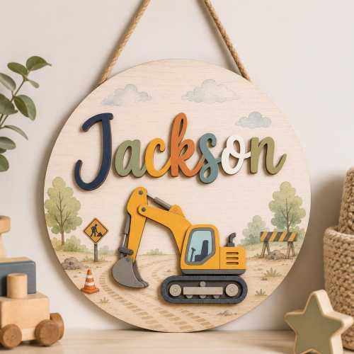 Personalized Construction Name Sign, Excavator Nursery Decor, Custom Boy Name Sign, Construction Bedroom Decor, Baby Room Sign