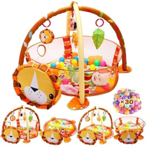 JoyStone 4-in-1 Lion Baby Play Gym, 27.6 x 37.4 in, with 30 Balls and 4 Sound Toys, Yellow