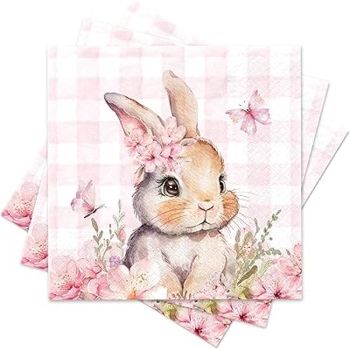 Cute Pink Bunny Paper Napkins, 50 Pcs, 3-Ply, 6.5 x 6.5 Inch, Disposable Rabbit Cocktail Napkins for Decoupage, Spring Holiday, Dinner Party, Wedding, Baby Shower, Birthday Party Decorations