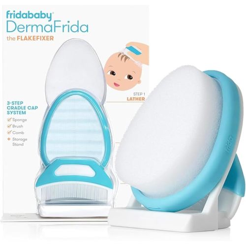 The 3-Step Cradle Cap System, Derma, The Flake Fixer, Sponge, Brush, Comb and Storage Stand for Babies with Cradle Cap, White-Blue