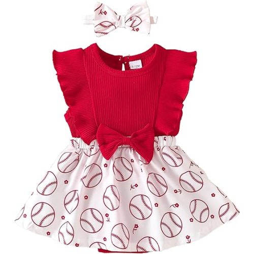 Baby Girl Clothes Newborn Romper Dresses Baseball Soccer Ruffle Sleeveless Bodysuit Infant Summer Outfit with Headband 0-24M