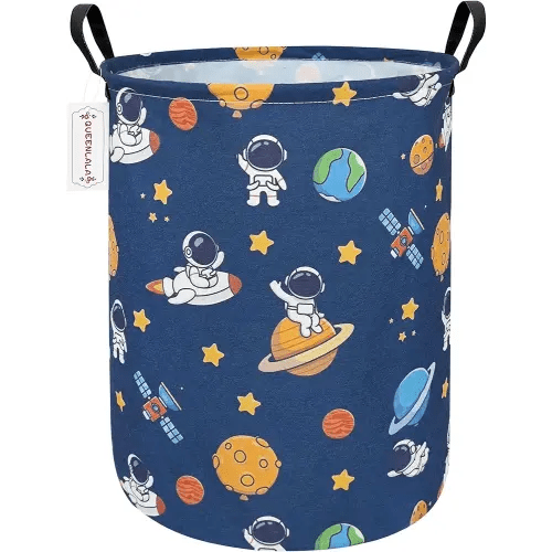 QUEENLALA Large Storage Basket,Laundry Hamper/Bathroom/Home Decor/Collapsible Round Storage Bin,Boys and Girls Hamper/Boxes/Clothing（Round-Yellow Star Astronaut）